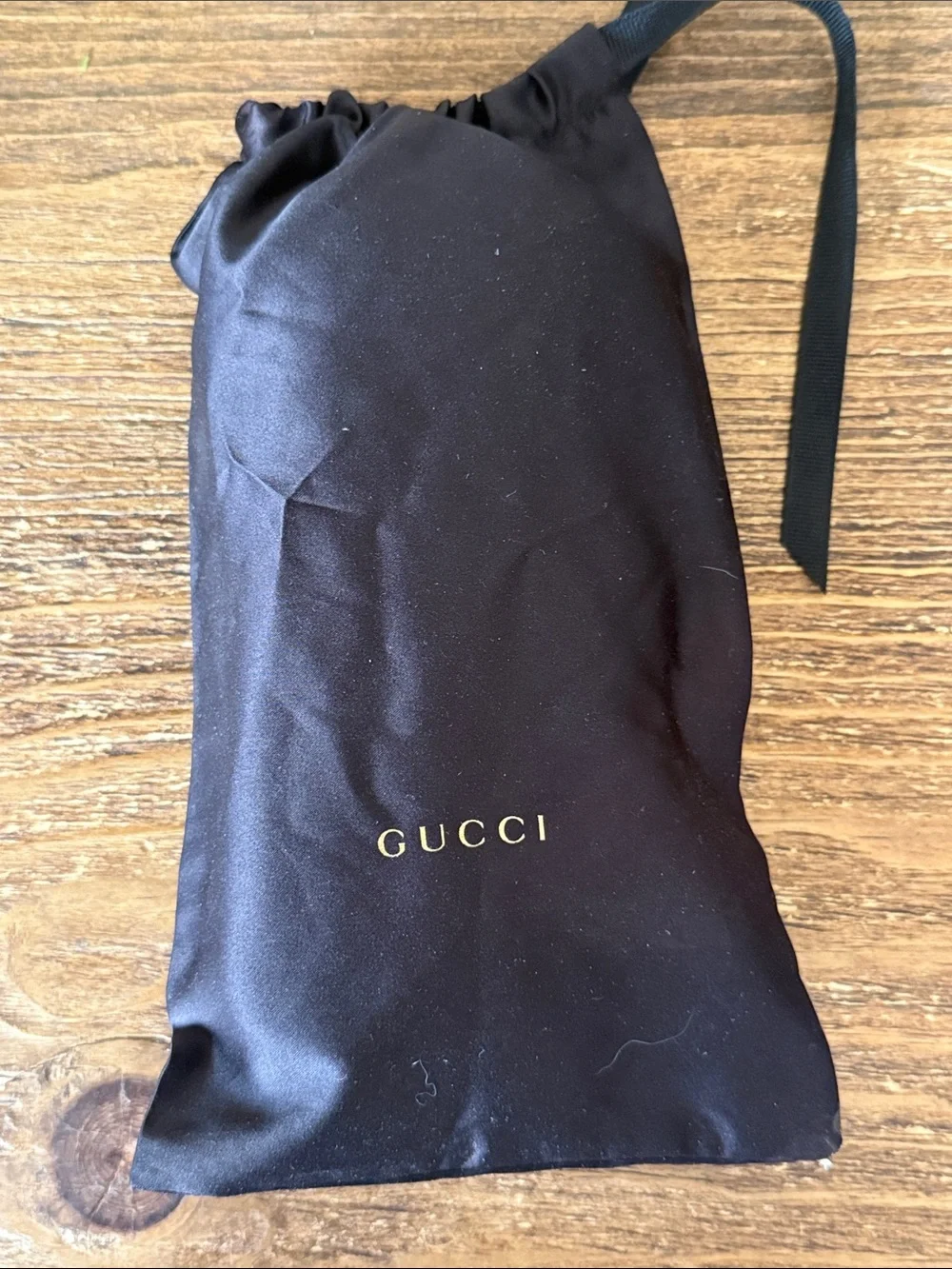 Gucci Black Round Optical Glasses with purple case, dust bag, and cleaning cloth